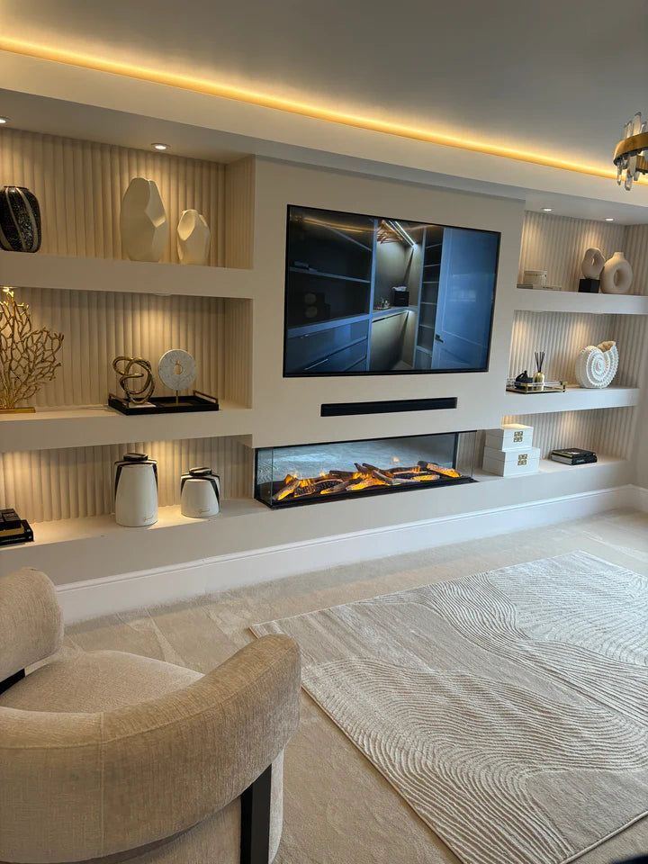 Inset Screen and Shelving — Full Wall Installation, an example of our bespoke media wall work